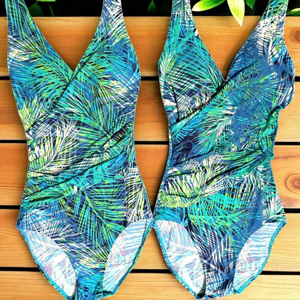 2 LL Bean One-Piece Swimsuit 8 Long Tropical Palm Slimming Shaping Surplice Tall